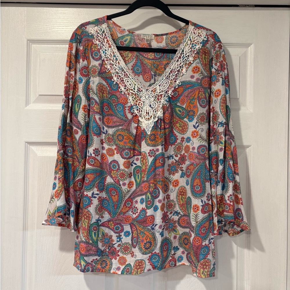 Spense Colorful Paisley Blouse with Lace Detail